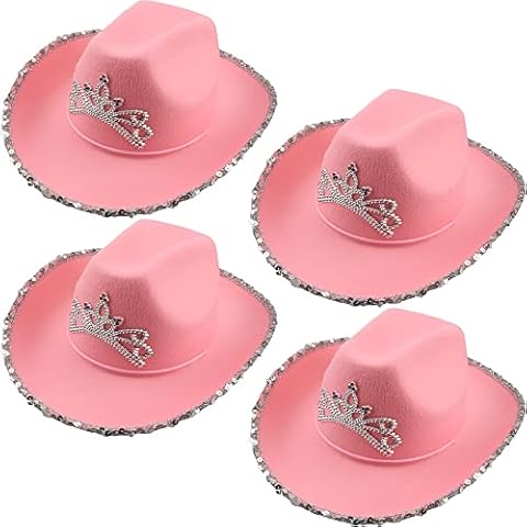 SGBETTER 4 Pack Pink Cowboy Hat Cowgirl Hats with Blinking Sequin and Tiara Crown for Halloween Cosplay Dress up Cowboy Party Accessories (Style 1) Cover