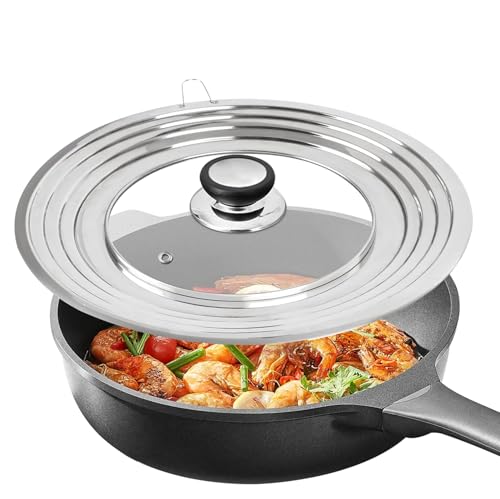 HOMURY Tapa universal para sartenes, 24 cm a 30 cm, tapa de cristal para ollas, con borde de acero inoxidable y orificio para vapor, tapa universal, para sartenes, wok, vaporera – Plata