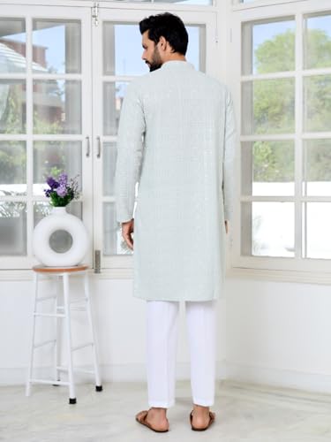 Image of See Designs Men's Full Sleeve Mandarin Collar Geometric Sequins Embroidered Thread Work Straight Long Kurta - Festive Collection