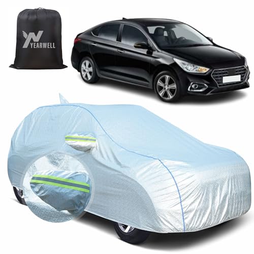 Image of Car Body Cover for Hyundai Verna, 100% Waterproof, Heat-Resistant with Mirror & Antenna Pockets, Soft Cotton Lining, Triple Stitched, Piping & Reflector (Reflective Silver)