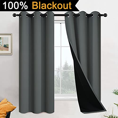 Image of Yakamok 63 Inch Length 100% Blackout Curtains for Bedroom, 2 Thick Layers Thermal Insulated Grommet Total Blackout Drapes with Black Liner for Living Room (42Wx63L,Dark Grey, 2 Panels) | Blackout Curtain Panels for Bedroom, 2 Thick Layers Grommet Top Thermal Insulated Drapes with Black Liner for Living Room