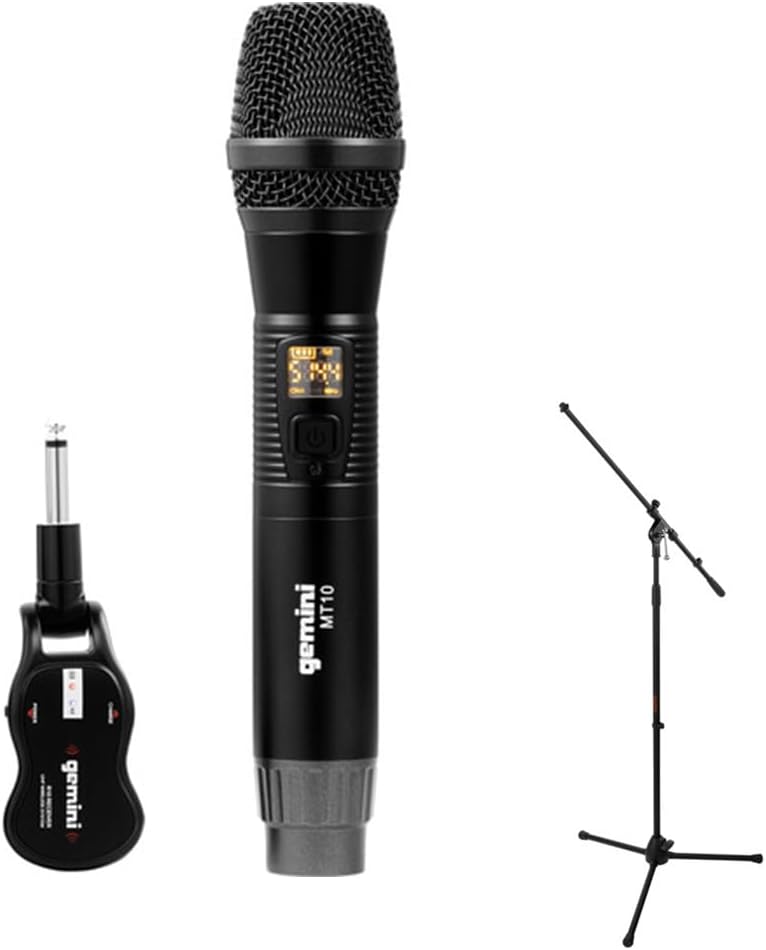 GeminiGMU-M100 Handheld UHF Wireless Microphone System with Plug-in Receiver (512 to 541.7 MHz) Bundle with Auray MS-5230F Tripod Microphone Stand with Fixed Boom