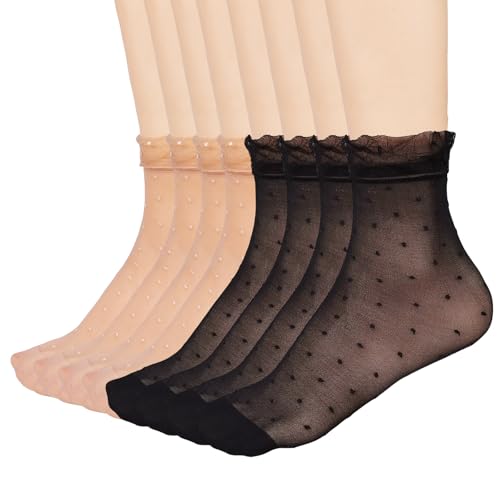Mcool Mary 12 Pairs Women's Sheer Ruffled Socks Frilly Ankle High Nude Nylon Dot Stocking Summer Ultra Thin Cool Silk Sock