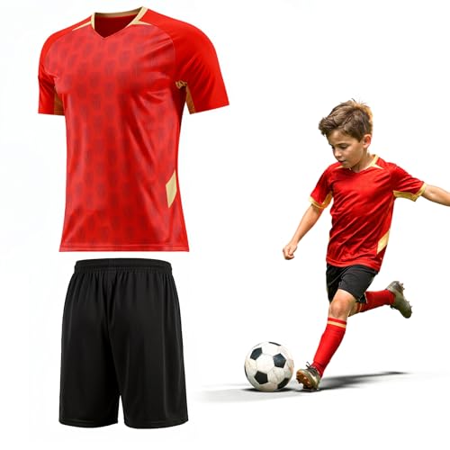 viiotu Tenue de Sport Enfant, Maillot de Foot Enfant & Short Set Ensemble Sportif Respirant et Sec Rapide (FR/ES, Âge, 10 Ans, 11 Ans, Taille Normale, Rouge)