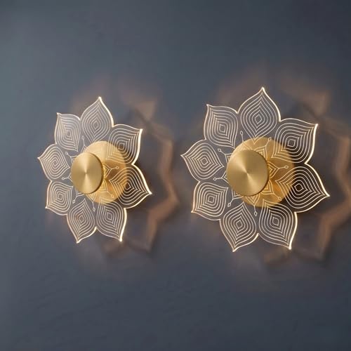 Image of Luxury Flower Wall Light Design 3-in-1 LED Wall Lamp | Fancy Lights for Living Room, Bedroom Wall Decor, Home Decoration Items & Hallway (Golden Finish, Pack of 2)