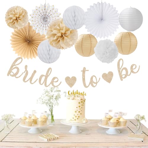 Image of White Champagne Gold Boho Bachelorette Party-Decorations - 21pcs Women Bridal Shower Banner Garland,Bride To Be Paper Streamers Lanterns,Flower Tissue Pom Poms Fan Favors Wedding Decor Huglony
