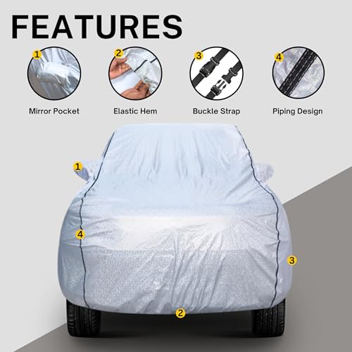 Image of AYSHU Waterproof Car Cover Compatible with TATA Curvv | Mirror & Antenna Pocket | Anti-Scratch Soft Cotton Inner Layer | Triple Stitched | Heat Resistant Metallic Silver | All-Weather Protection