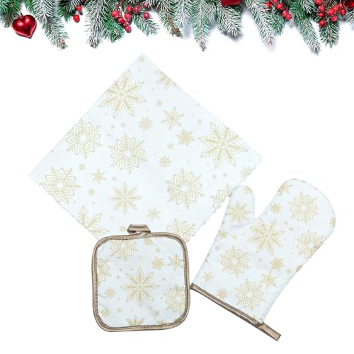 Durdiiy Christmas Snowflake Oven Mitts Set Pot Holders Baking Towels Polyester Heat Resistant Extra Long Hot Pads Kitchen Stain Removal Clean Gloves Cooking BBQ Grilling Baking Kit Gift