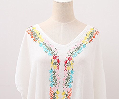 Bsubseach Women's White Embroidery V Neck Short Sleeve Rayon Swimsuit Cover Up Tunic Split Long Maxi Dress Kaftan