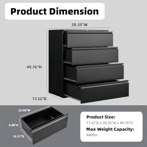 Image of Guizeeopo Metal File Cabinet with Lock, 4 Drawer Lateral File Cabinets for Home Office, Heavy Duty Office Storage Cabinet for A4 /Letter /Legal Size, Assembly Required(Black)