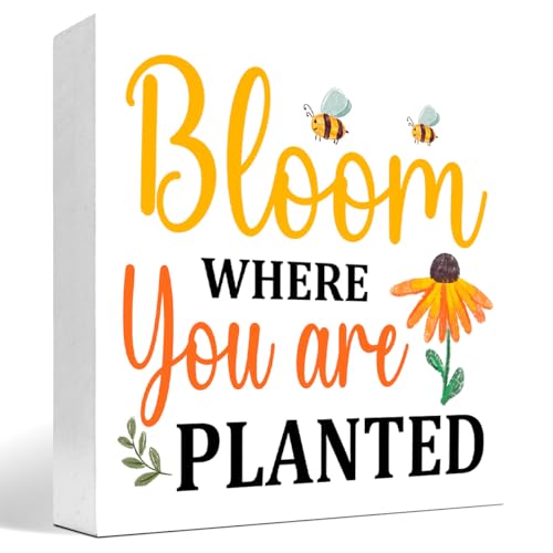 Spring Desk Decor Spring Wooden Block Sign Positive Spring Plaque Desk Decor Bloom Where You Are Planted Spring Quotes Wood Box Sign for Home Garden Shelf Office Table Decoration 5x5 inch