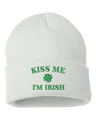 One Size White Cuffed Kiss Me I'm Irish Embroidered Cuffed Knit Beanie Cap