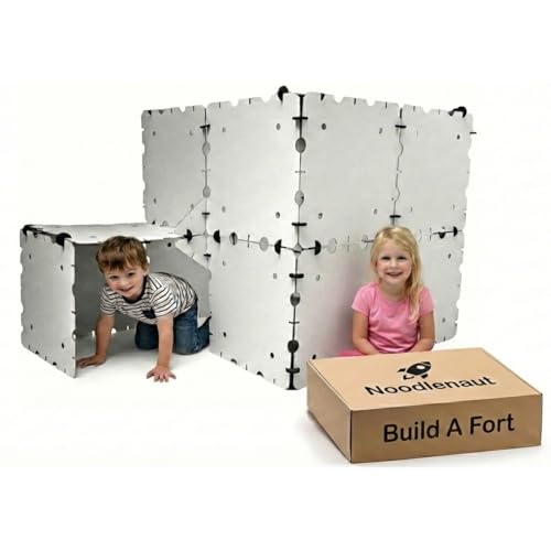 Noodlenaut Cardboard Fort Building Kit – Giant Indoor Kids Fort Builder – Create Life Size Castles, Tunnels & Mazes – Durable White Panels, Reusable Connectors & Compact Storage Box – STEM Toy Ages 4+