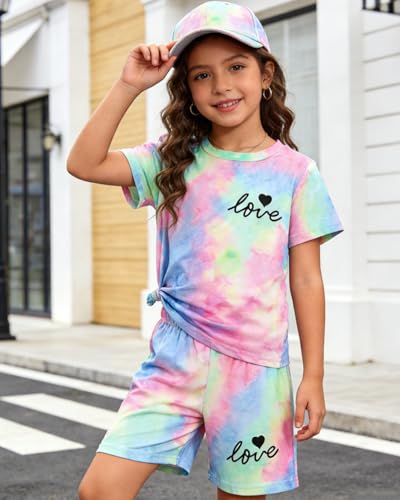Image of Kids Girl Clothes Tie Dye Heart Print Short Sleeve Top and Shorts Toddler Girl Summer Outfits Short Set