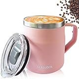 Luoqun88 Coffee Cup, Insulated Stainless Steel Desk Cup, Coffee Mug with Lid & Handle – Reusable Travel Mug for Hot & Cold Drinks, Ideal Present for His Her, 450ml (Pink)