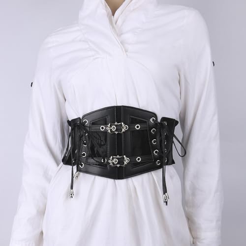 Vintage Faux Leather Corset Belt Sides Lace-up Medieval Renaissance Underbust Wide Elastic Waist Belts for Women3