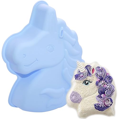 Molde silicone bolos unicórnio, molde para assar em forma de unicórnio, molde de forno de unicórnio, molde para bolos unicórnio anti-aderente, molde de bolo 3D, para chocolate gelado pudim (azul)