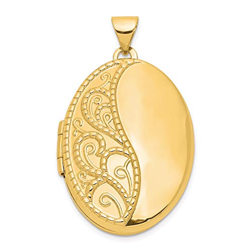 14k Yellow Gold 26mm Oval 1/2 Hand Engraved Photo Pendant Charm Locket Chain Necklace That Holds Pictures Fine Jewelry For Women Gifts For Her