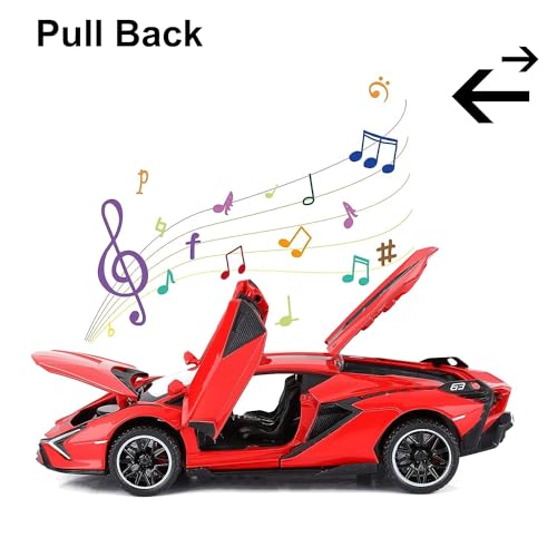Image of 1:32 Scale Lamborghini SIAN Toy Car | Metal Pullback Diecast Car for Kids with Openable Doors, Sound, Light Effects Toy for Car Enthusiasts (RED)