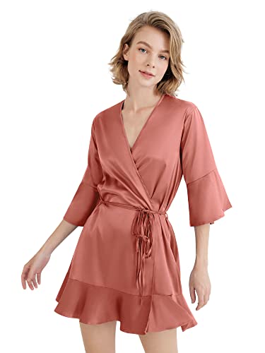Sioro Bridesmaid Robe Ruffle Hem Belted Silk Kimono Satin Robe Short For Women Wedding Robe ,Orange Pink Large #TOP24