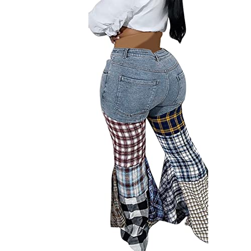 Women Patchwork Flared Jeans Trendy Plaid Splicing Bell Bottom Denim Pants Stylish High Wasit Cowboy Wide Leg Trousers Light Blue #TOP5