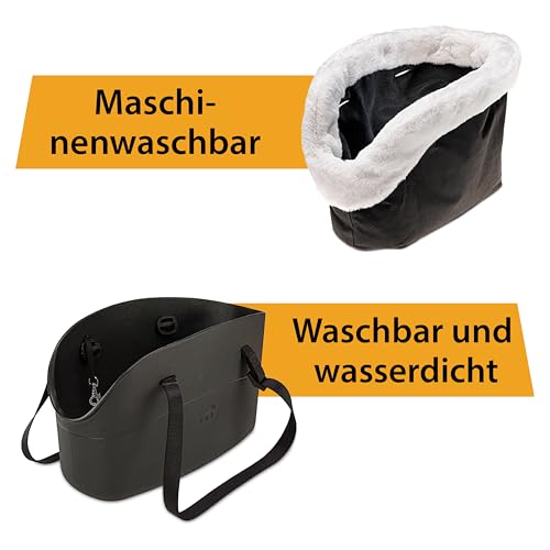 Ferplast Hundetasche bis 8 kg Wasserabweisendes, Waschbares Gummiertes Plastik, Gepolstert mit Warmem Plüsch, Verstellbare Griffe, Sicherheitsgurt, 43,5 x 21,5 x h 27 cm Schwarz.