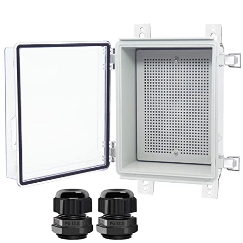 Otdorpatio Junction Box, Hinged Clear Cover Stainless Steel Latch Ip67 Waterproof Abs Project Box With 2 Pg13.5 Cable Gland,Electrical Box Enclosure With Mounting Plate & Wall Bracket 8.7X6.7X4.3Inch #TOP9