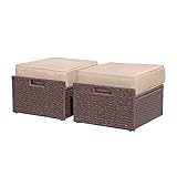 Super Patio 2 Pieces Patio Ottoman, All Weather PE Rattan Outdoor Wicker Ottoman Set, Extra Large Outdoor Footstool Footrest with Thick Beige Cushions, Espresso Brown