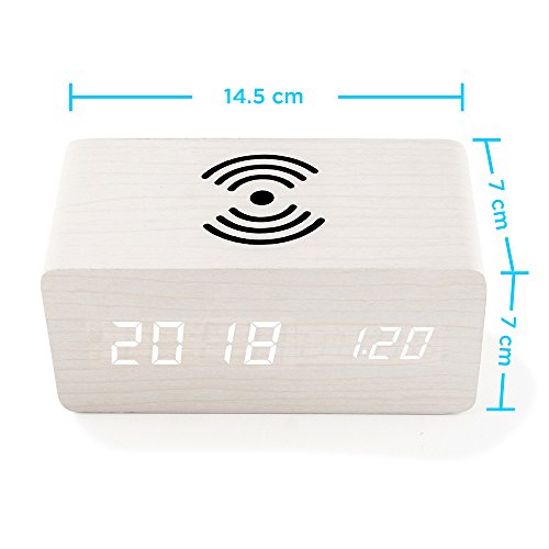 OCT17 Alarm Clock with Qi Wireless Charging Pad Compatible with iPhone Samsung Wood LED Digital Clock Sound Control Function, Time Date, Temperature Display for Bedroom Office Home - White