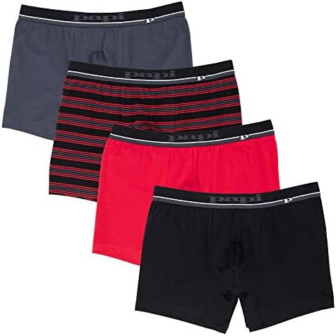 papi Men's Cotton Stretch Yarn Dye Solid Boxer Briefs Pack of 4, Char Grey/Red Stripe/Red/Black, Medium