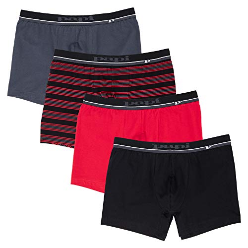 Papi Men's Cotton Stretch Yarn Dye Solid Boxer Briefs Pack of 4, Char Grey/Red Stripe/Red/Black, Small