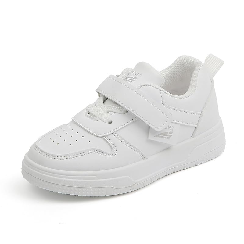 Kids White Sneakers with Hook and Loop Closure, Perforated Design, Non-Slip Sole