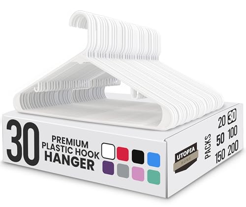 Utopia Home Plastic Hangers 30 Pack - Clothes Hanger with Hooks - Durable & Space Saving (White)