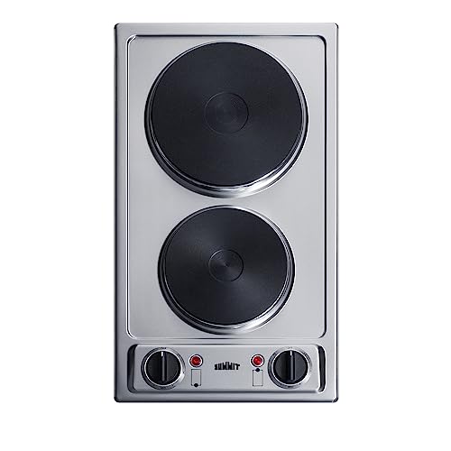 Summit CSD2B115 12” Wide 115V 2-Burner Solid Disk Cooktop, 1400W, Durable Cast-Iron, Stainless-Steel Surface, Indicator Light, Push to Turn Knob, ADA Compliant, 3-Pronged Plug- Pre-installed