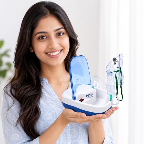 Image of MCP Healthcare Air Compressor Nebulizer | 6 Months Warranty | Complete Kit with Masks, Mouthpiece & Filters | With Low Noise & Storage for Adults & Kids (Blue & White)