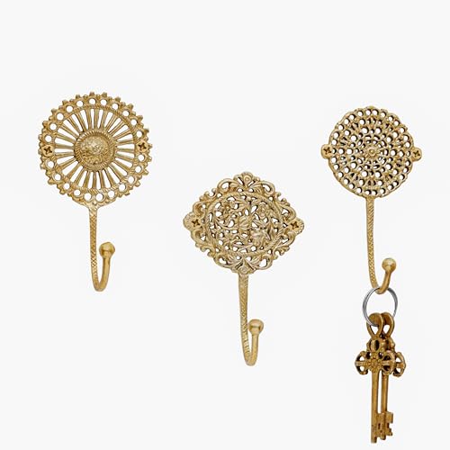 IndianShelf Solid Brass Boho Decorative Wall Hooks - Holds Up to 33 lbs - Vintage Gold Wall Hangers for Entryway, Bathroom & Kitchen - 3 Pack