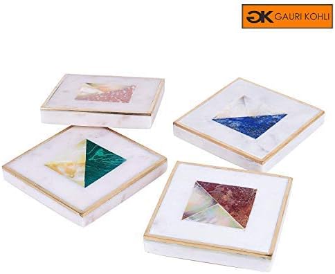 GAURI KOHLI Beautiful Brass And Marble Coasters; Embellished With Gold Inlay (Large Size | Set of 4)