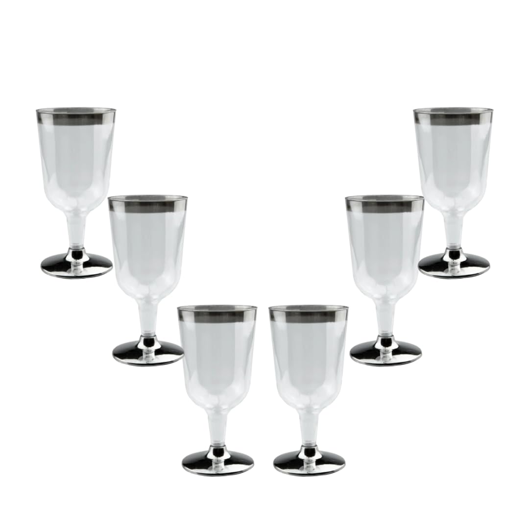 Wanna Party Pack of 6 Silver Rimmed Reusable Wine Glasses | 7 oz. Premium Clear Reusable Fancy Wine Cups for Outdoors, Camping, House Parties,Bridal Shower/Baby Shower/Pool Parties n More