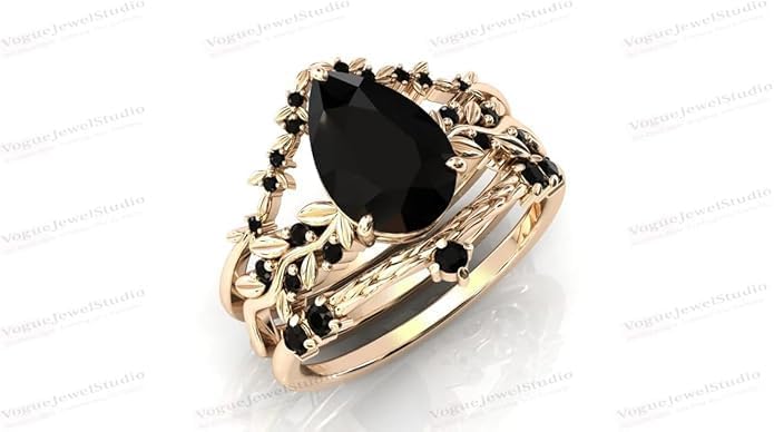 1CT-6CT Unique Black Onyx Bridal Ring Set Art Deco Pear Shaped Black Gemstone Engagement Ring Set for Women Antique Wedding Band with Promise Ring Art Deco Anniversary Ring Set