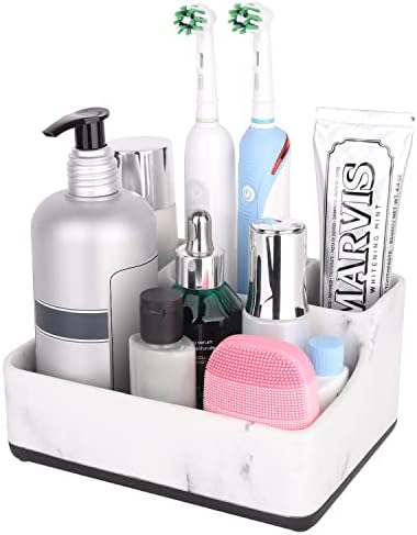 4 Slot Toothbrush Holders for Bathrooms,Bathroom Countertop Organizer with Drainage Holes,White Marble Look Bathroom Toothbrush and Toothpaste Tolder Counter Organizer for Bathroom Vanity
