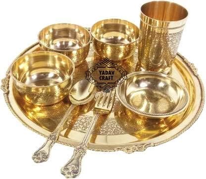 Brass Premium Dinner Set Brass Thali Set Luxury Spoon Glass Bowls Golden (7) (Set Of 8), 250 milliliter, Floral | Premium Thali Set, Luxury Spoon Glass Bowls, Golden (8), Floral