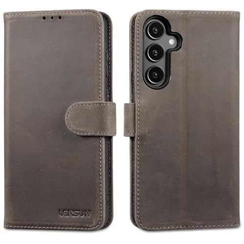 Coque Samsung A55 5G en cuir véritable Lensun étui portefeuille chic gris brun