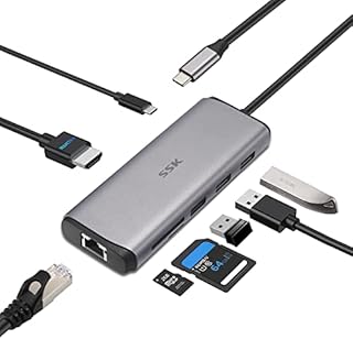SSK USB C Hub,8-in-1 Type C Multiport Hub Adapter with RJ45 Ethernet, 4K HDMI, PD3.0 Powered, 2 USB 3.0, 1 USB2.0, SD/TF Cards Reader USB C Dock for MacBook/Pro/Air and More Type C Devices