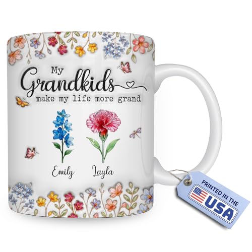 Wrappiness Personalized Mug Gift for Grandma – My Grandkids Make My Life More Grand Ceramic Cup, Custom Birth Month Flowers with Up to 8 Grandkids’ Names, Gift for Grandma, Mom for Any Occasion