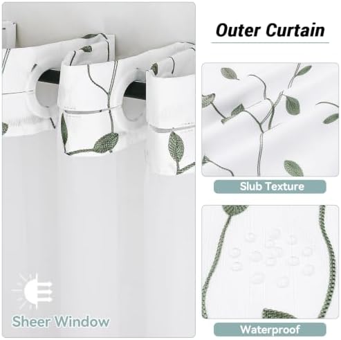 No Hook Slub Textured Shower Curtain with Snap in Liner - 72x75" Farmhouse White with Greyish Green Embroidered Leaf Floral Bathroom Curtain Set, Modern Waterproof & Washable with Mesh Top Window — view 5