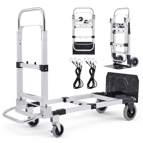 CREWORKS Carretilla Plegable de Aleación de Aluminio 2 en 1, Capacidad Máxima de Carga de 270kg Carro Plegable con Ruedas Bloqueables y 2 Correas para Mudanzas de Casas Estudio y Supermercados