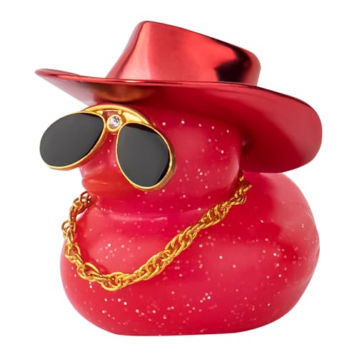 wonuu Car Rubber Duck, Dashboard Decorations Colorful Laser Cowboy Hat Ducky for Car Ornament Accessories Ducks with Hat, Necklace, Diamond Glasses (Jelly Red)