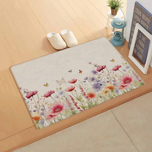 Floral Botanical Antifatigue Kitchen Bath Door Mat Cushioned Runner Rug,Washable Welcome Floor Sink Mat,Waterproof & Non-Slip Standing Doormat for Kitchen,Farmhouse Wildflower Garden Herb 18