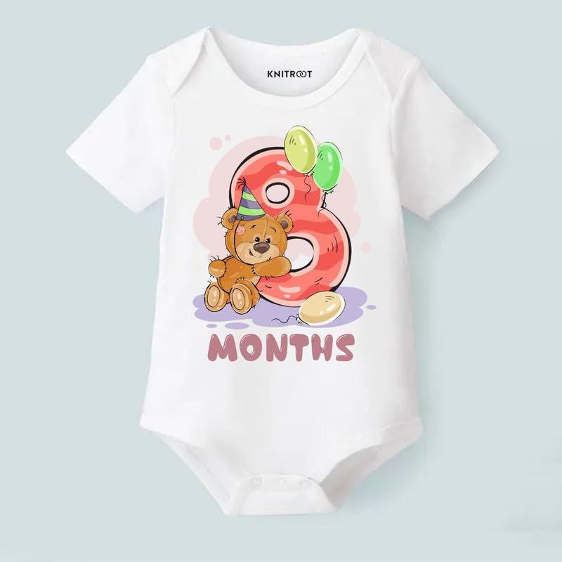 Image of Knitroot Monthly Birthday Teddy Special, Newborn Baby Half Sleeve Unisex Romper, Onesies, Sleepsuit, Body Suit, Envelope Neck, 1 to 12 Months Print, 0-12 Months, Infant Cloth for Boys & Girls