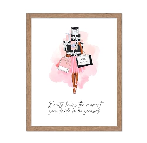 Image of Poster Master Lady with Shopping Bags Poster - Fashion Print - Trendy Art - Modern Art - Gift for Women & Fashionista - Luxury Haute Couture Decor for Bedroom or Girl's Room, 8x10 Beige Framed